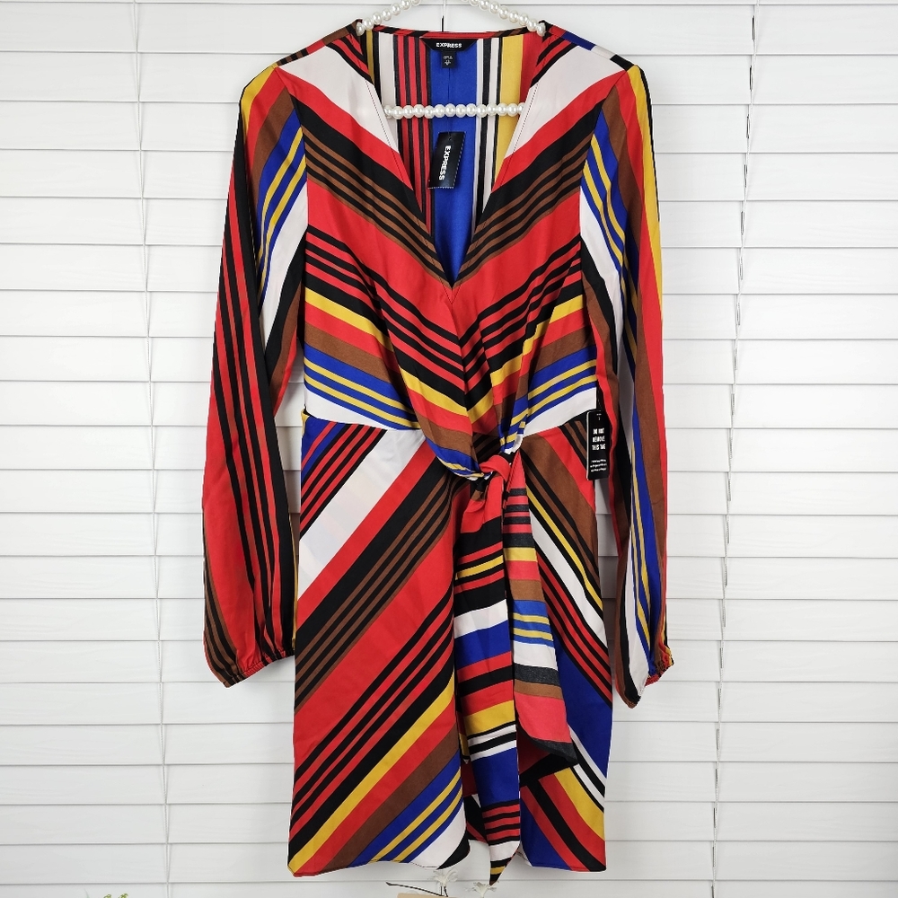 EXPRESS striped faux wrap dress with long sleeves